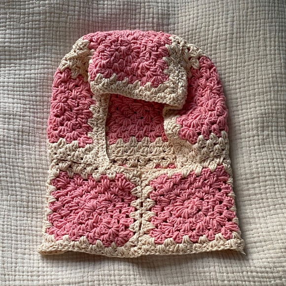 Handmade Accessories - Pink and Cream Crochet Granny Square Balaclava Hat
